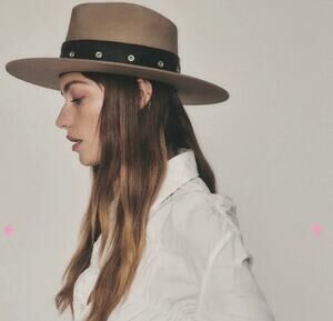 Janessa Leone Bennett Wool Hat Structured Fedora Studded Brown Large Wide Brim